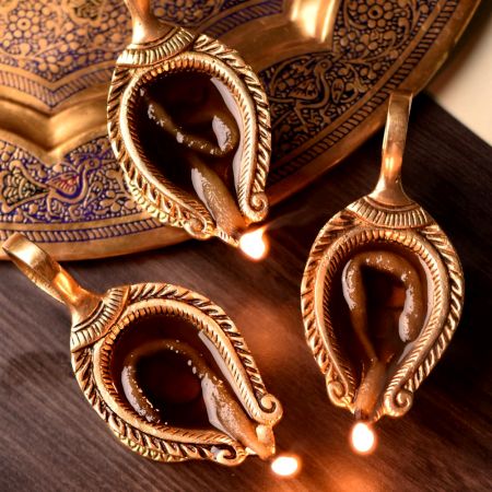 Pack of 3 Brass Om Carved Temple Diya Lamp